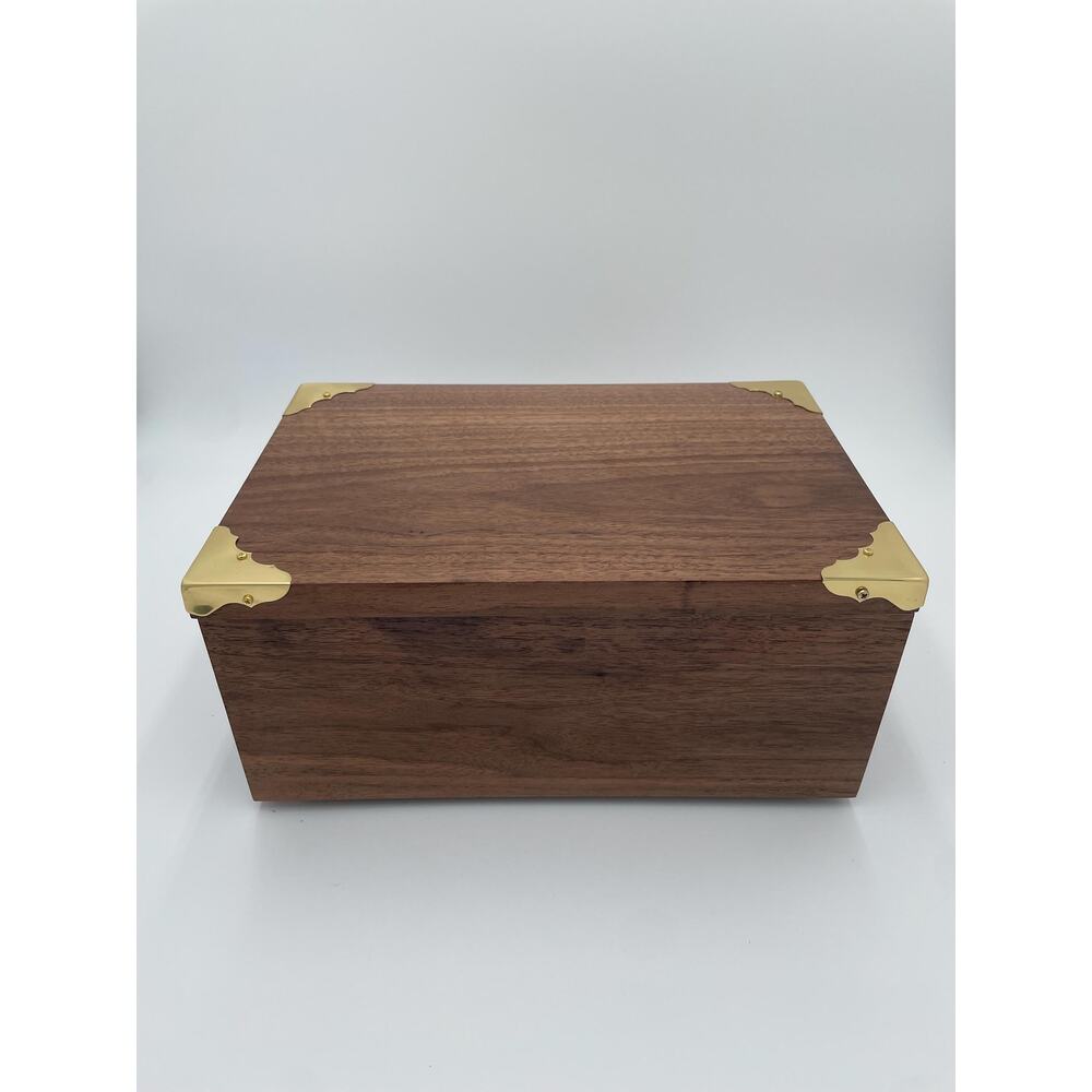 Decorative Walnut Wood Box Brass Trim Hinged Lid Large Storage Cards